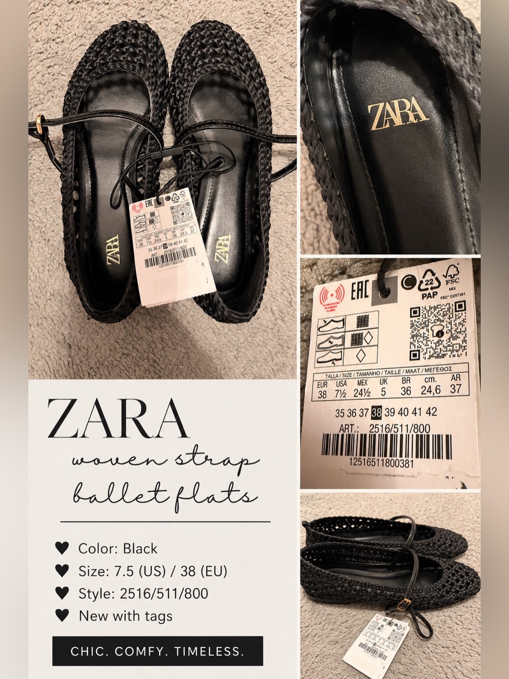 ZARA Black Woven Strap Ballet Flats with Ankle Tie